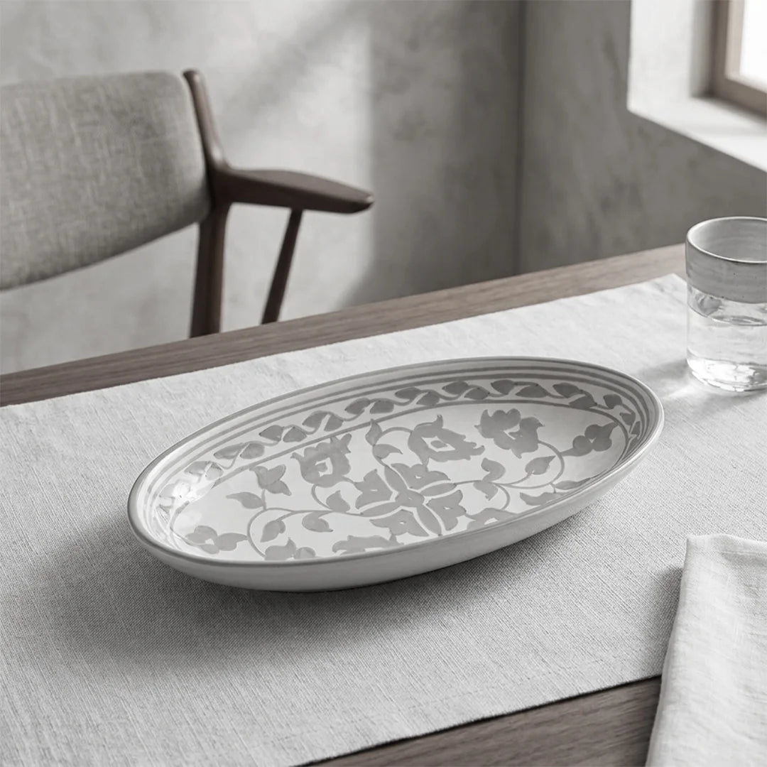 P-B 25 Selene Botanical Motif Ceramic Oval Serving Plate – 25 cm