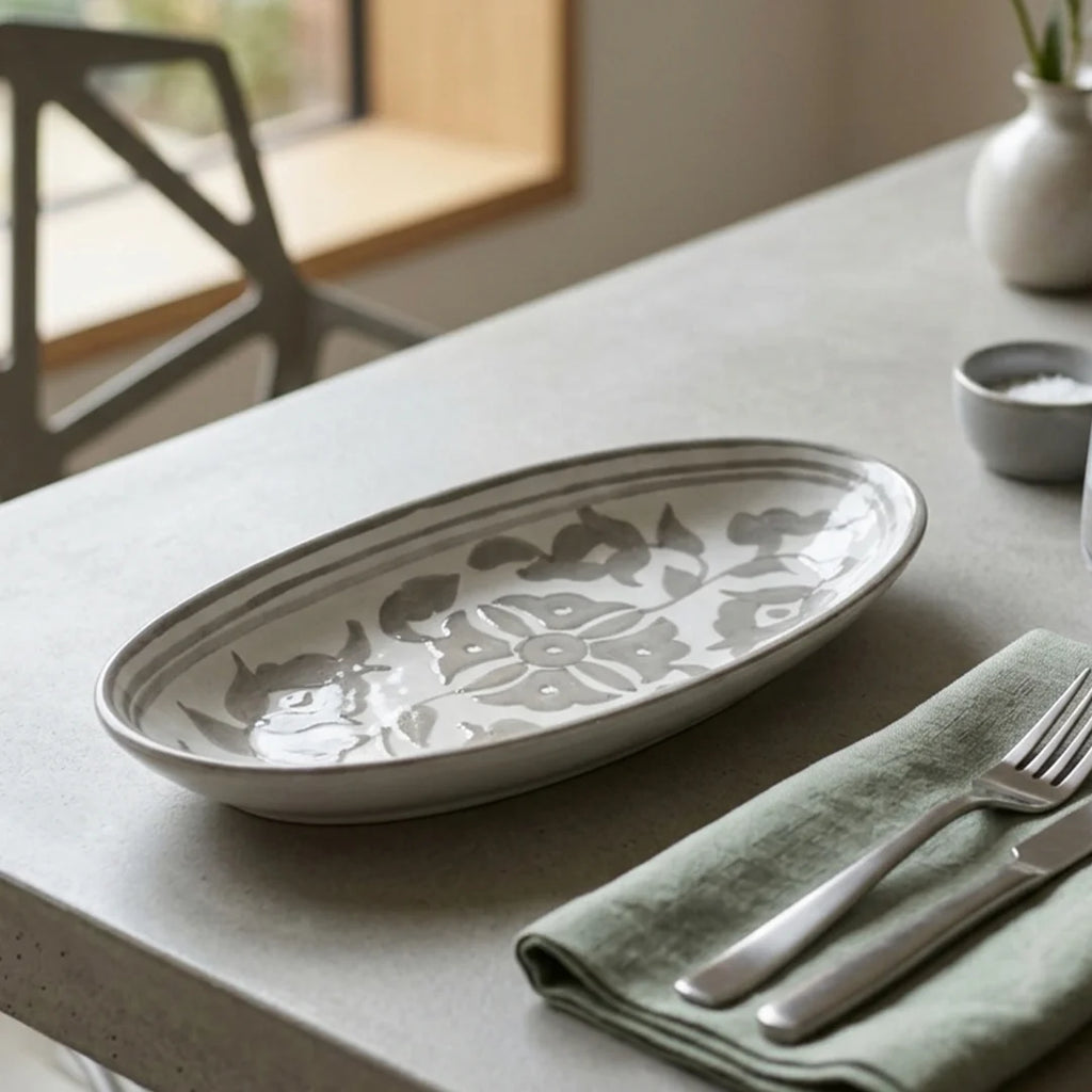 P-B 31 Selene Botanical Motif Oval Serving Plate – 31 cm