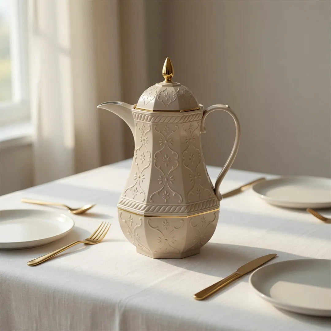 RS-624-13-CF-A34 Rose Arabic Embossed Vacuum Flask Beige & Gold 1.3L