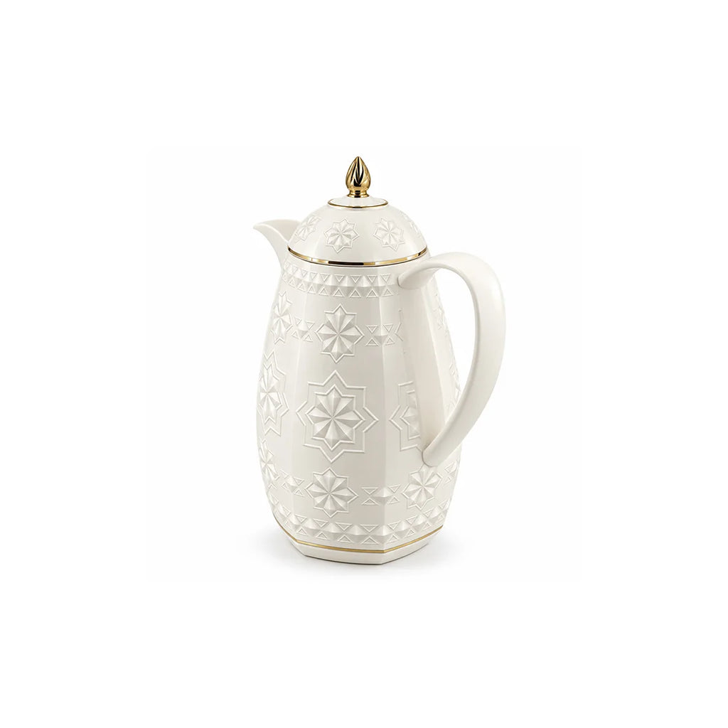 RS-711-06-A01 Rose Dallah Geometric Embossed Arabic Tea Flask – Ivory White & Gold, 650 ML