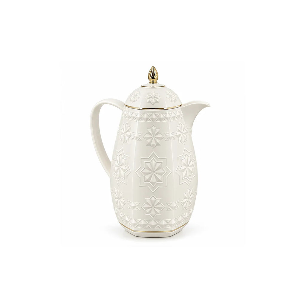 RS-711-06-A01 Rose Dallah Geometric Embossed Arabic Tea Flask – Ivory White & Gold, 650 ML