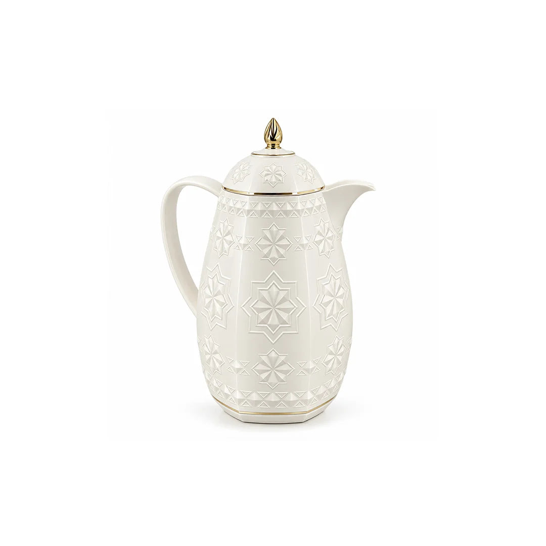 RS-711-06-A01 Rose Dallah Geometric Embossed Arabic Tea Flask – Ivory White & Gold, 650 ML