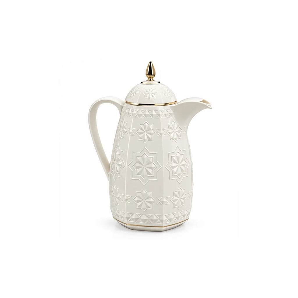 RS-711-06-CF-A01 Rose Dallah Geometric Embossed Arabic Coffee Flask – Ivory White & Gold, 650 ML