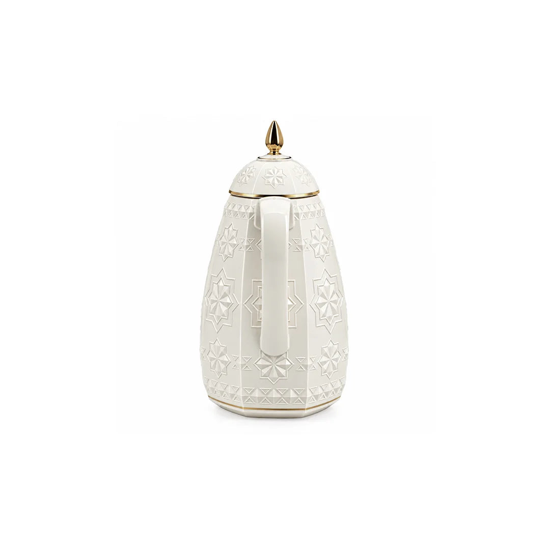 RS-711-06-CF-A01 Rose Dallah Geometric Embossed Arabic Coffee Flask – Ivory White & Gold, 650 ML