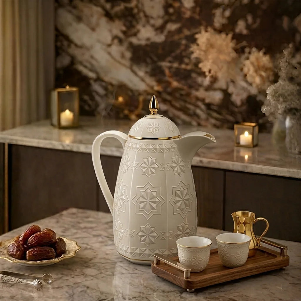 RS-711-06-CF-A01 Rose Dallah Geometric Embossed Arabic Coffee Flask – Ivory White & Gold, 650 ML