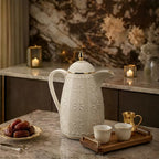 RS-711-06-CF-A01 Rose Dallah Geometric Embossed Arabic Coffee Flask – Ivory White & Gold, 650 ML
