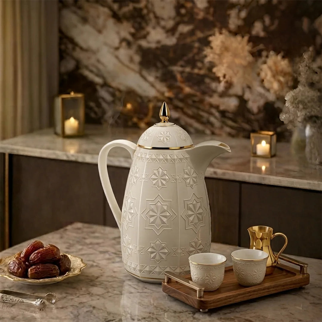 RS-711-06-CF-A01 Rose Dallah Geometric Embossed Arabic Coffee Flask – Ivory White & Gold, 650 ML