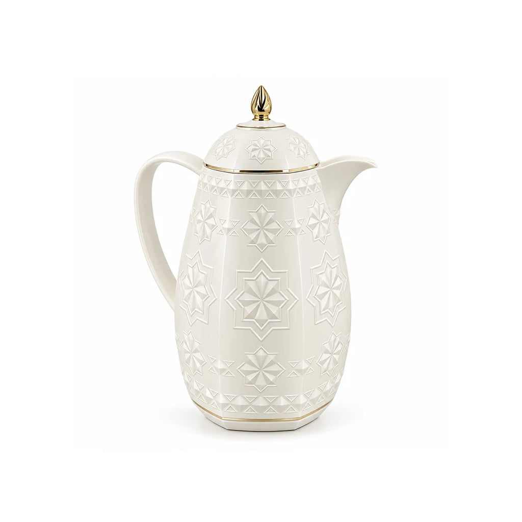RS-711-10-A01 Rose Dallah Geometric Embossed Arabic Tea Flask – Ivory White & Gold, 1.0 Litre