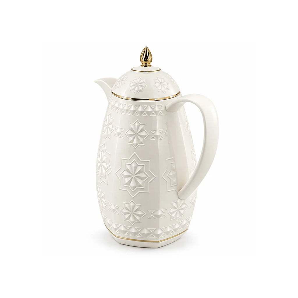 RS-711-10-A01 Rose Dallah Geometric Embossed Arabic Tea Flask – Ivory White & Gold, 1.0 Litre