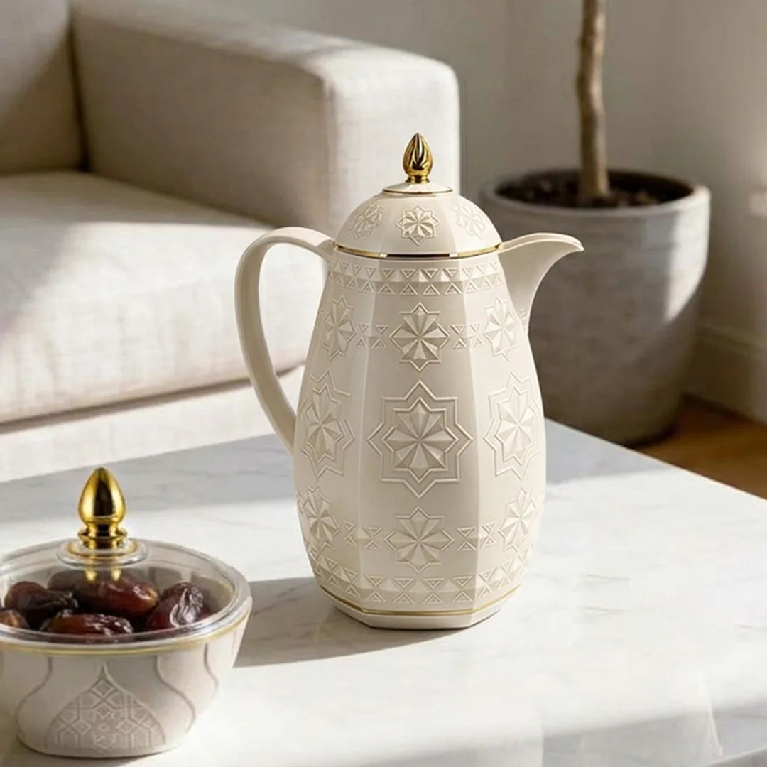 RS-711-10-A01 Rose Dallah Geometric Embossed Arabic Tea Flask – Ivory White & Gold, 1.0 Litre