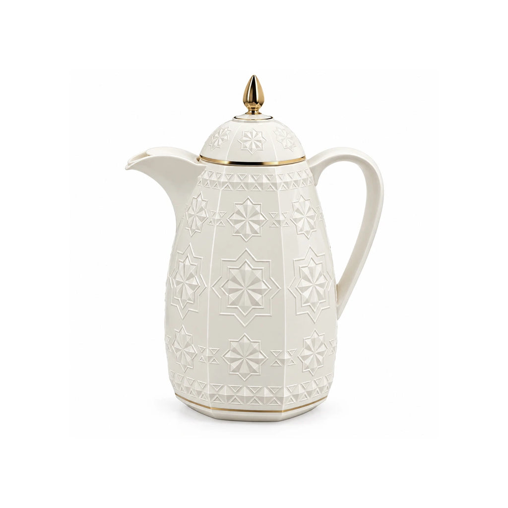 RS-711-10-CF-A01 Rose Dallah Geometric Embossed Arabic Coffee Flask – Ivory White & Gold, 1 Litre