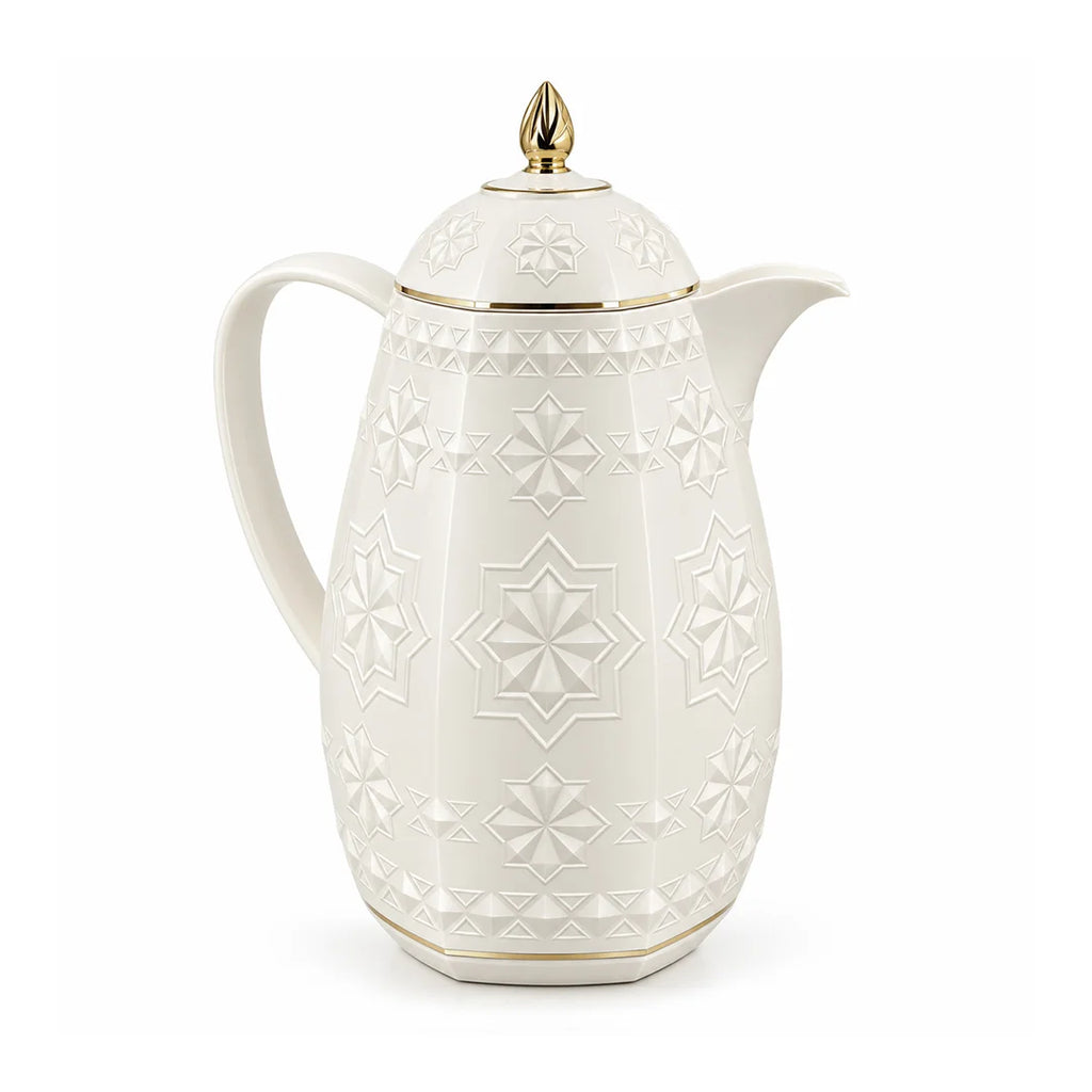 RS-711-15-A01 Rose Dallah Geometric Embossed Arabic Tea Flask – Ivory White & Gold, 1.5 Litres