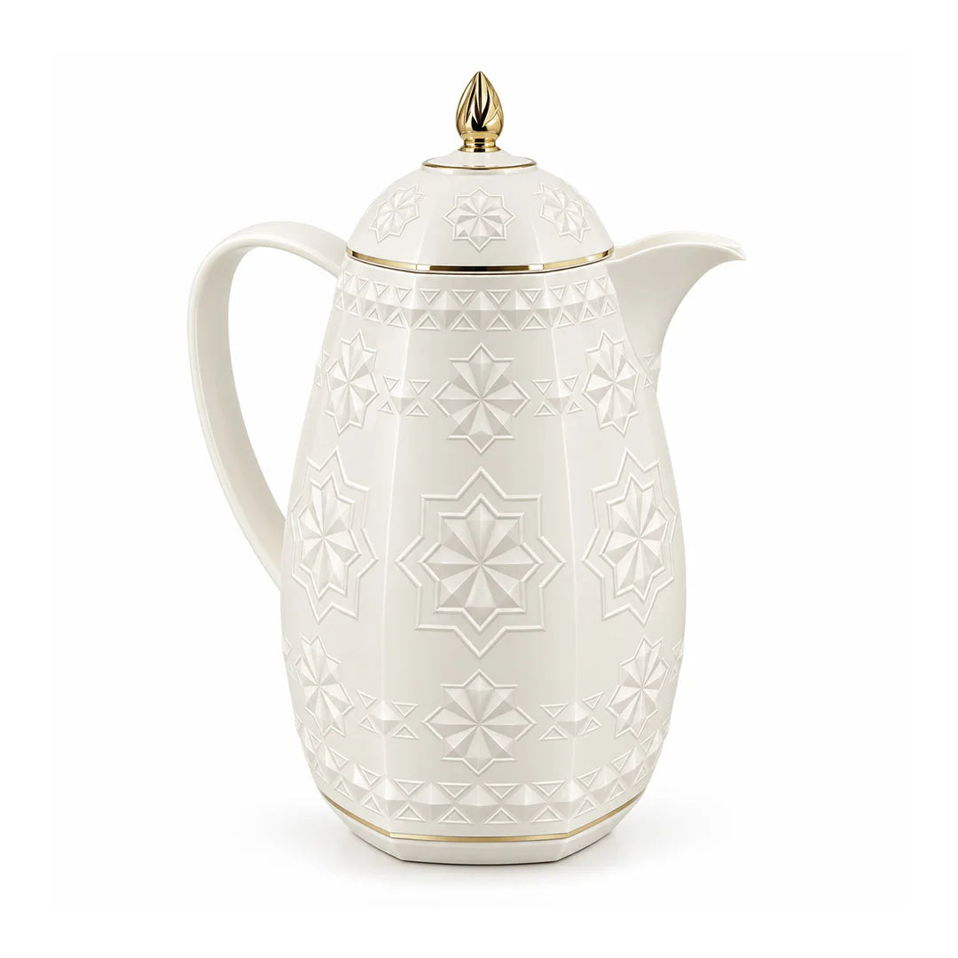 RS-711-15-A01 Rose Dallah Geometric Embossed Arabic Tea Flask – Ivory White & Gold, 1.5 Litres