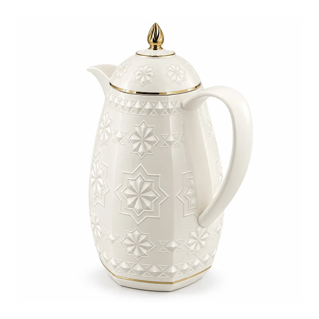 RS-711-15-A01 Rose Dallah Geometric Embossed Arabic Tea Flask – Ivory White & Gold, 1.5 Litres