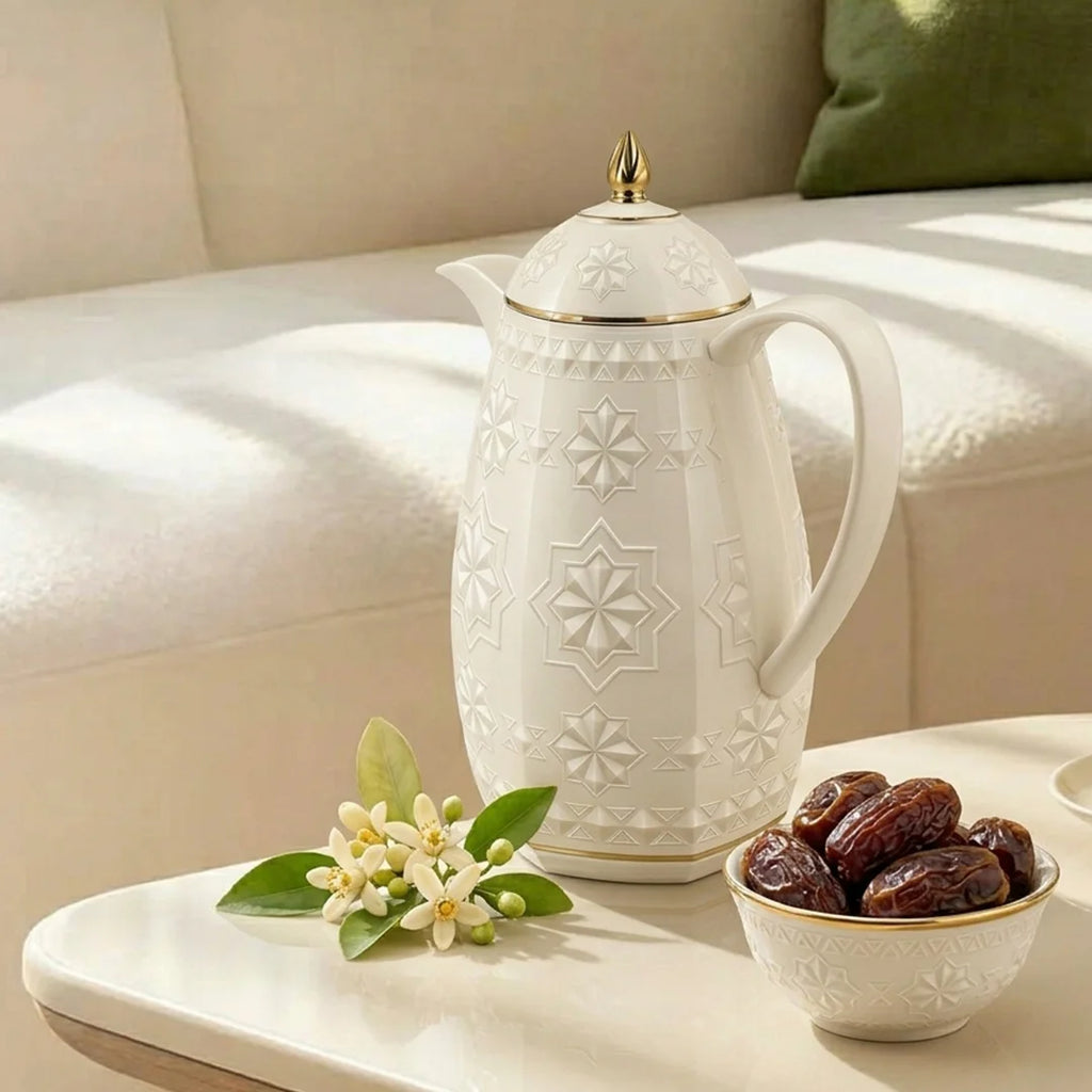 RS-711-15-A01 Rose Dallah Geometric Embossed Arabic Tea Flask – Ivory White & Gold, 1.5 Litres