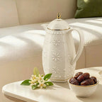 RS-711-15-A01 Rose Dallah Geometric Embossed Arabic Tea Flask – Ivory White & Gold, 1.5 Litres