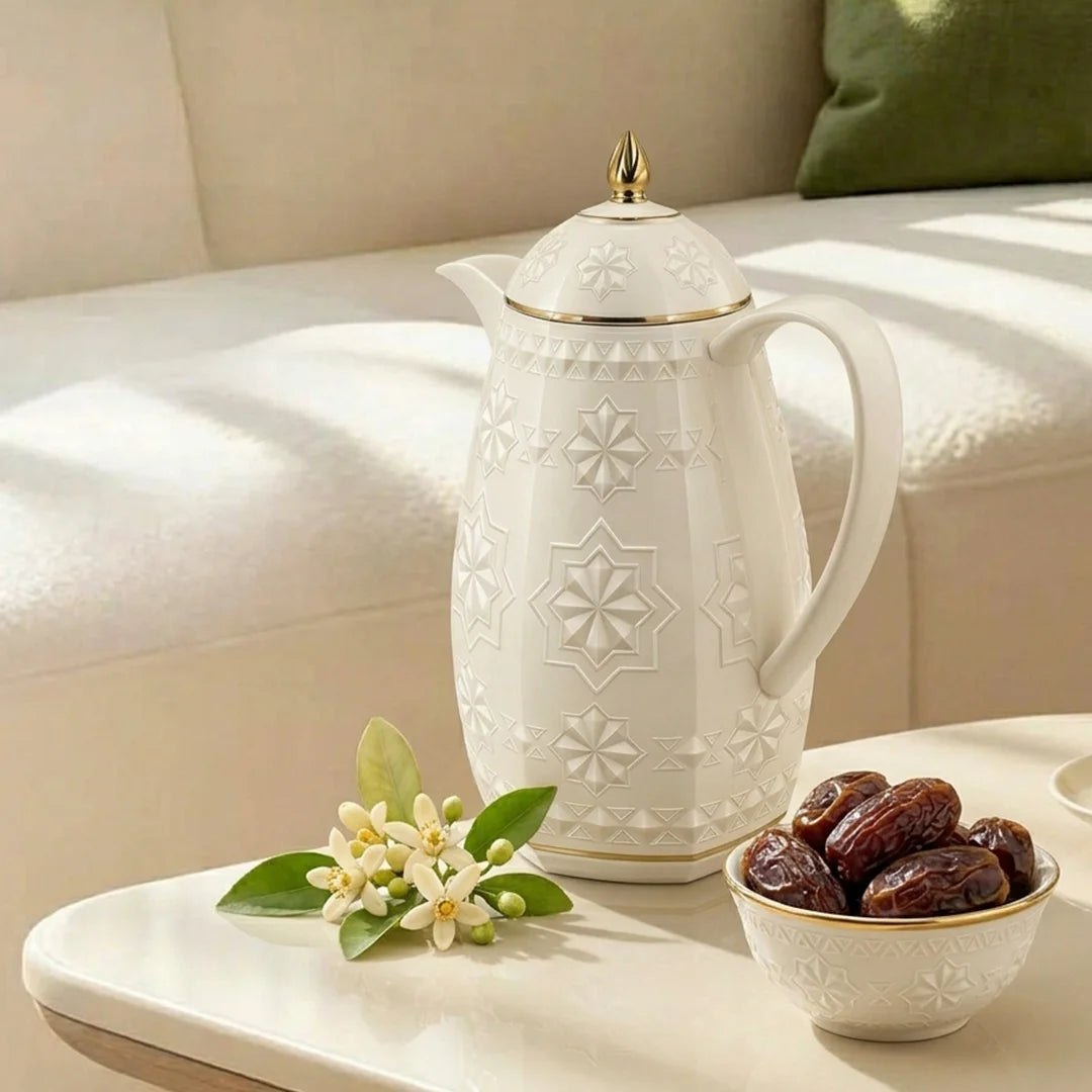 RS-711-15-A01 Rose Dallah Geometric Embossed Arabic Tea Flask – Ivory White & Gold, 1.5 Litres
