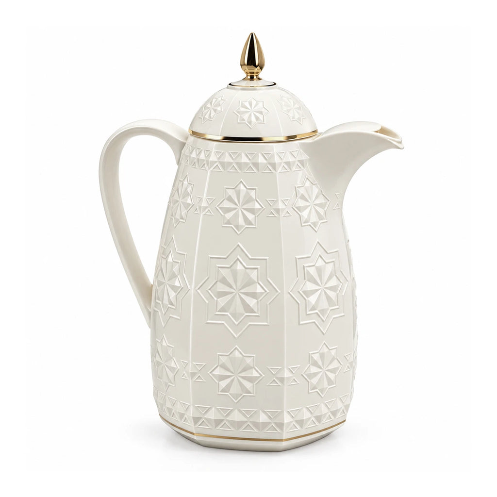 RS-711-15-CF-A01 Rose Dallah Geometric Embossed Arabic Coffee Flask – Ivory White & Gold, 1.5 Litres