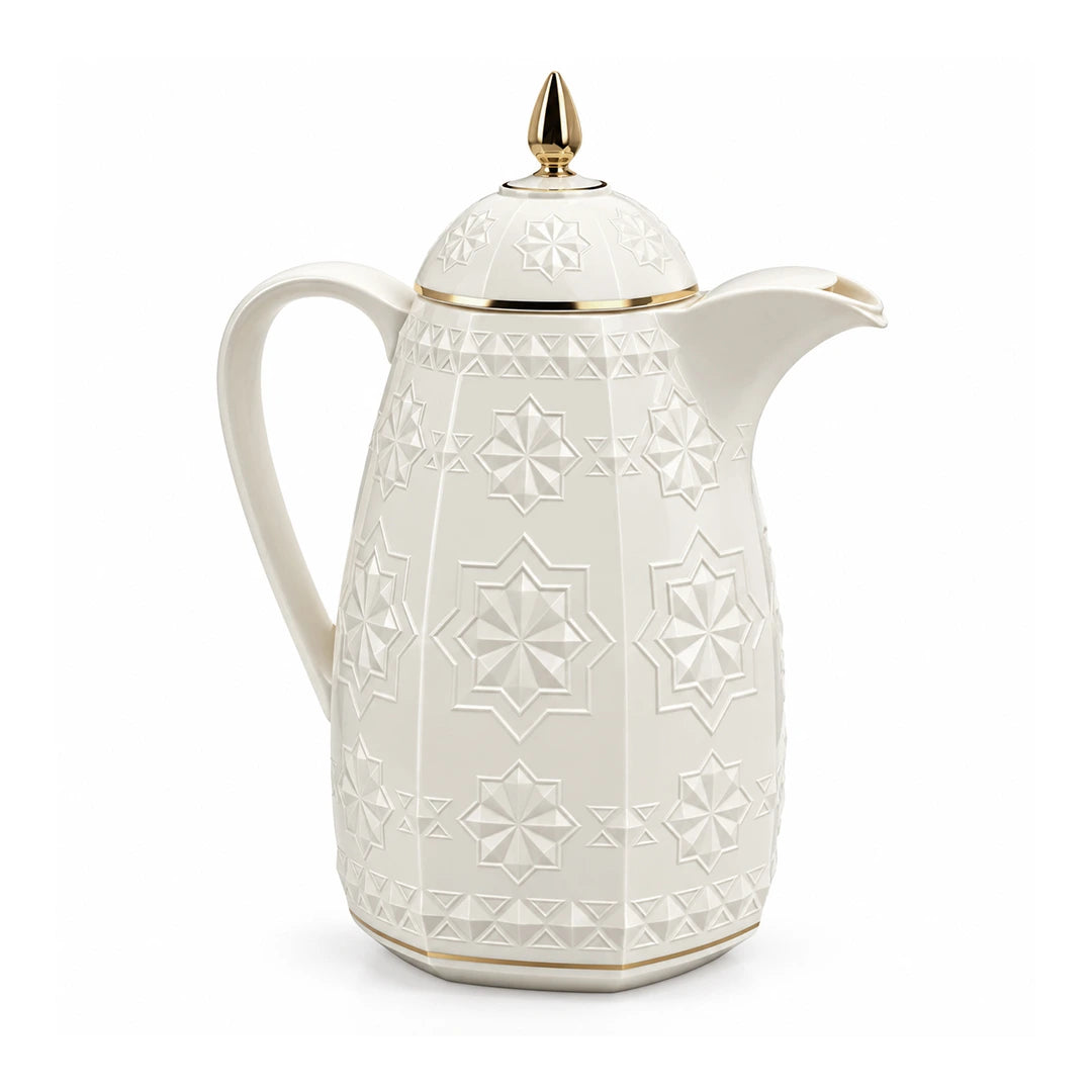 RS-711-15-CF-A01 Rose Dallah Geometric Embossed Arabic Coffee Flask – Ivory White & Gold, 1.5 Litres