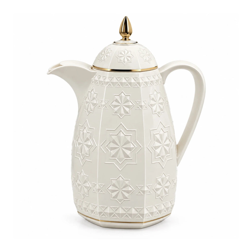 RS-711-15-CF-A01 Rose Dallah Geometric Embossed Arabic Coffee Flask – Ivory White & Gold, 1.5 Litres