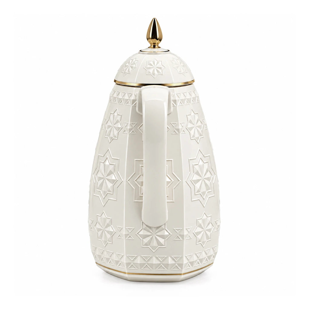 RS-711-15-CF-A01 Rose Dallah Geometric Embossed Arabic Coffee Flask – Ivory White & Gold, 1.5 Litres