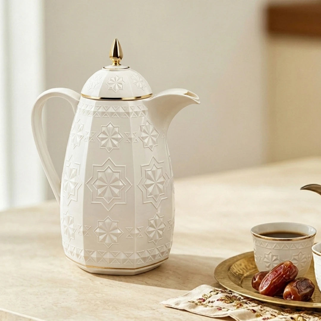 RS-711-15-CF-A01 Rose Dallah Geometric Embossed Arabic Coffee Flask – Ivory White & Gold, 1.5 Litres