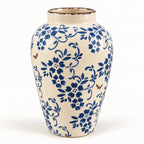 Blue floral ceramic decor vase 15 by 25 cm, angled view showing opening
