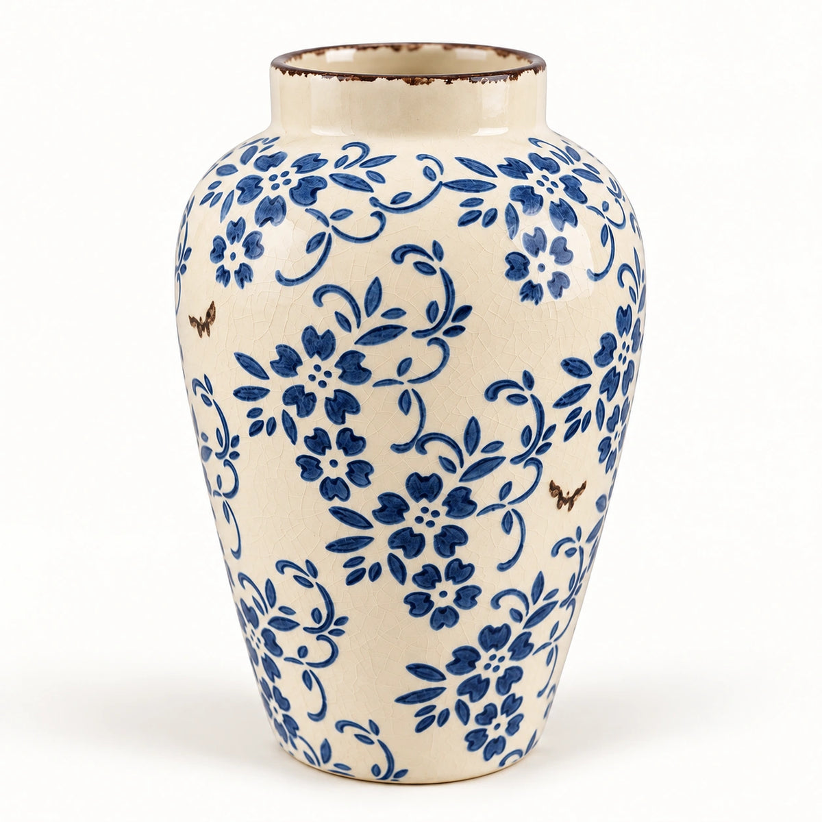 Blue floral ceramic decor vase 15 by 25 cm, angled view showing opening
