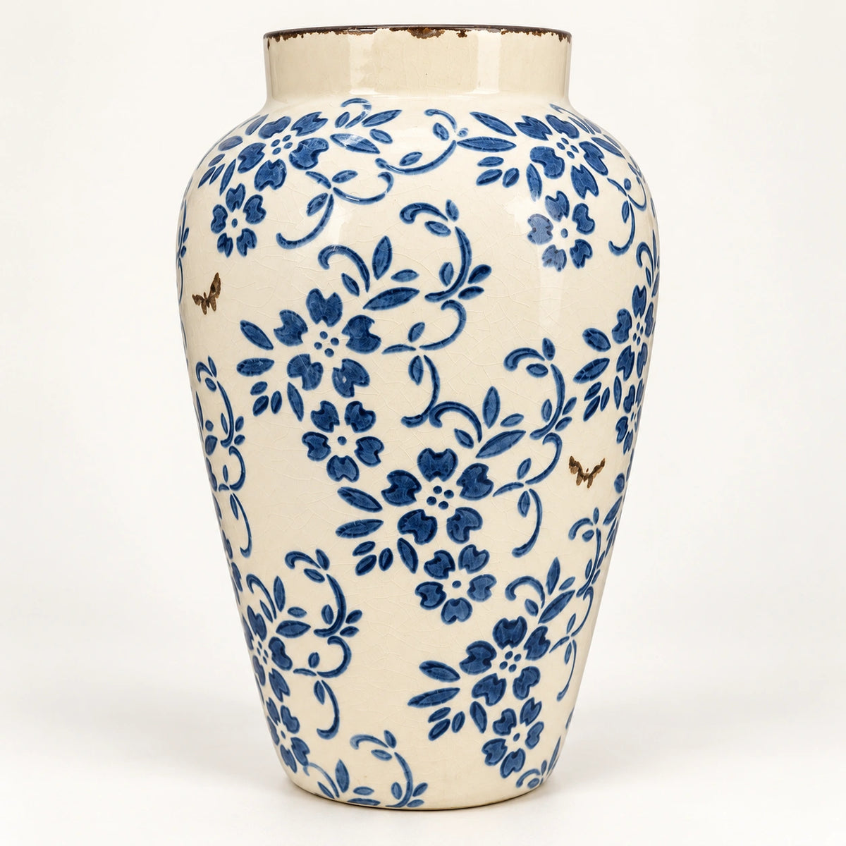 Blue floral ceramic decor vase 15 by 25 cm, full front view