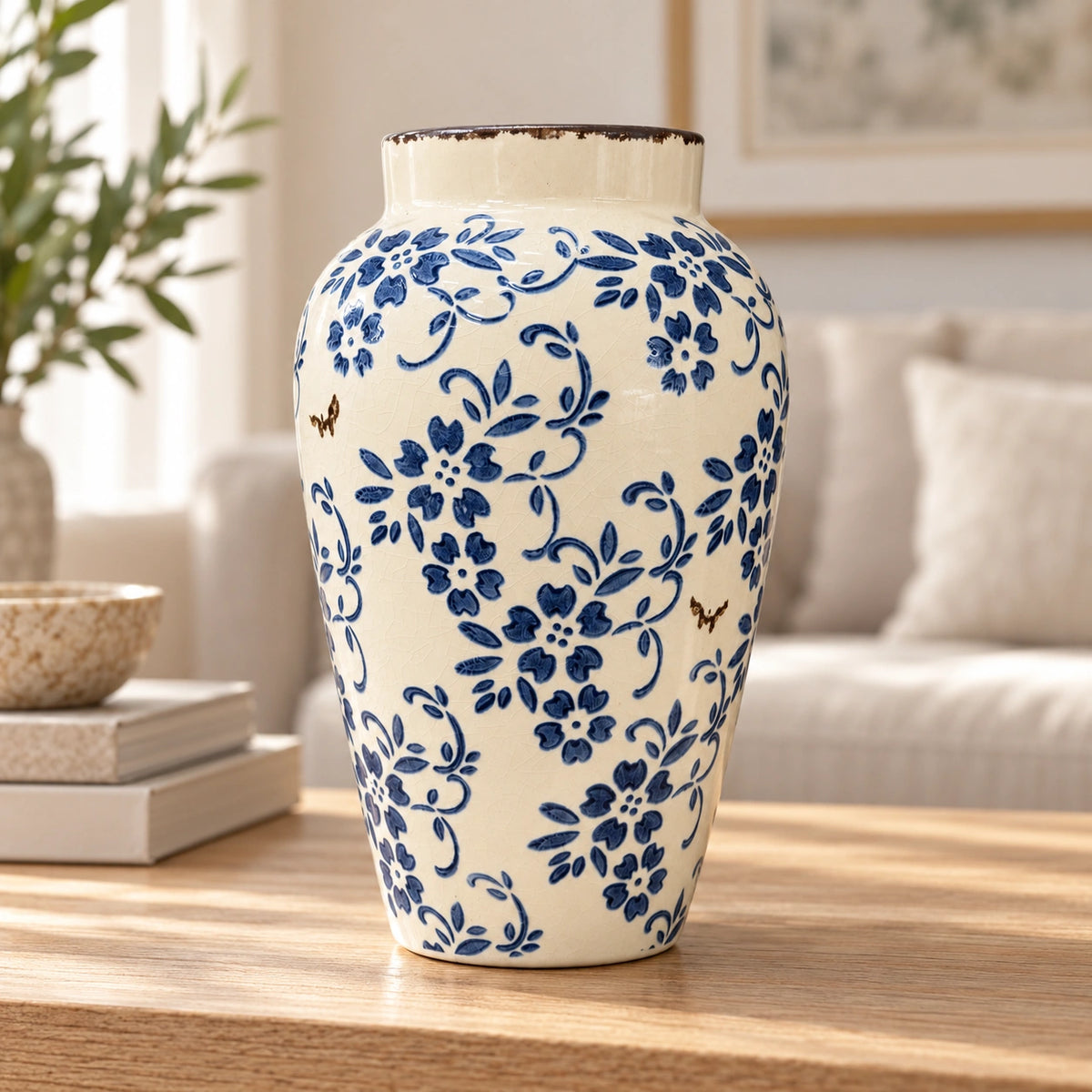 Blue floral ceramic decor vase styled on oak console, entire product visible