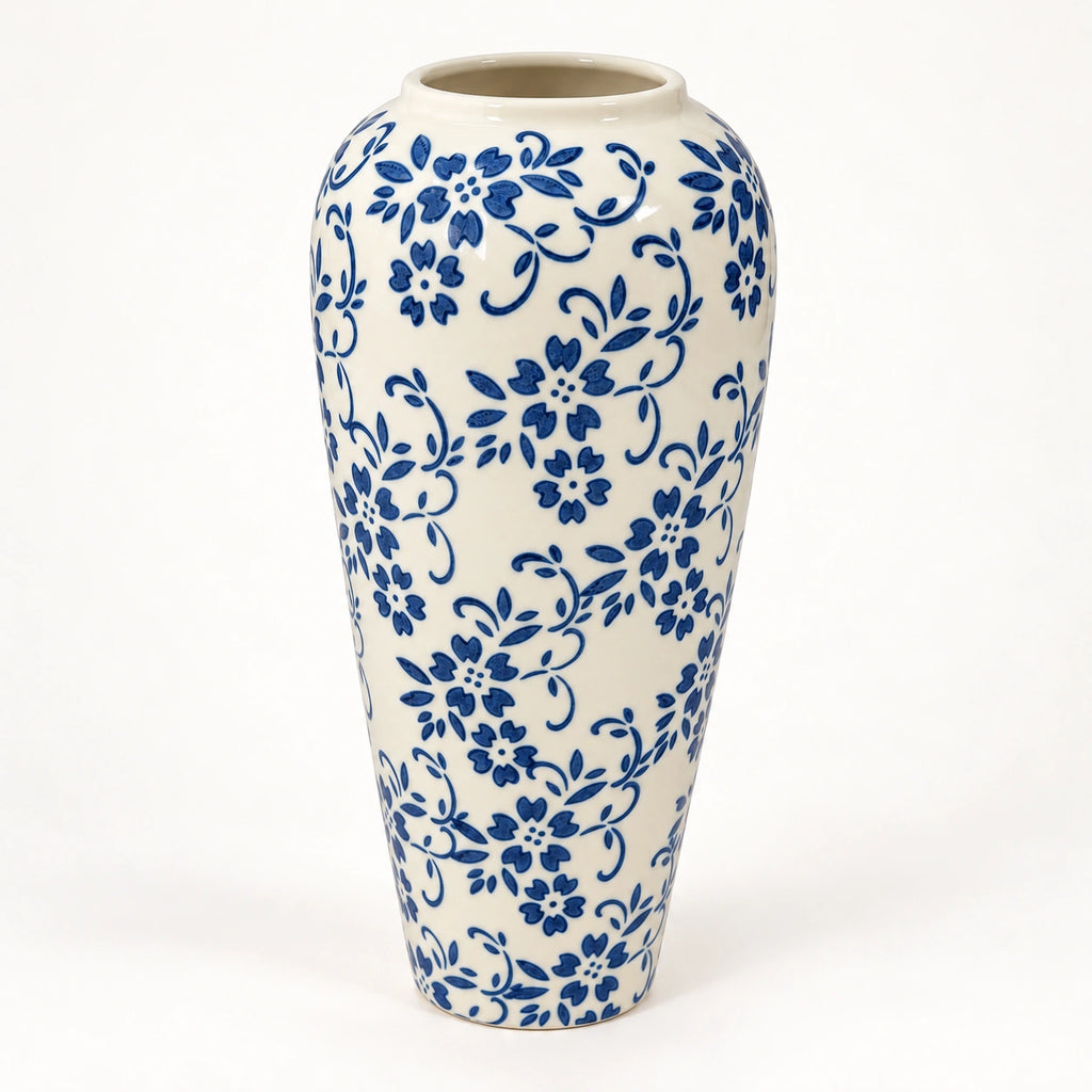 Tall blue floral ceramic decor vase 12 by 32 cm, full angled view