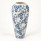 Tall blue floral ceramic decor vase 12 by 32 cm, full angled view