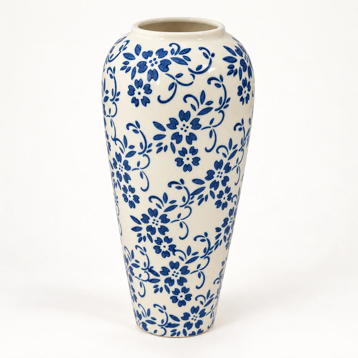 Tall blue floral ceramic decor vase 12 by 32 cm, full angled view