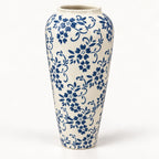 Tall blue floral ceramic decor vase 12 by 32 cm, full front view