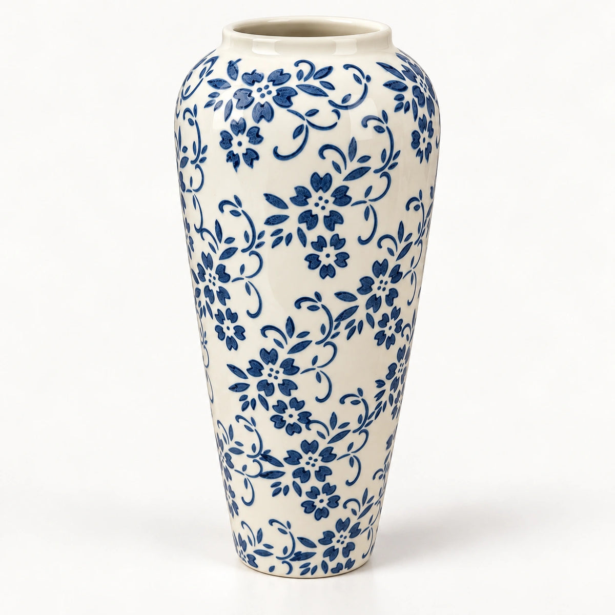 Tall blue floral ceramic decor vase 12 by 32 cm, full front view