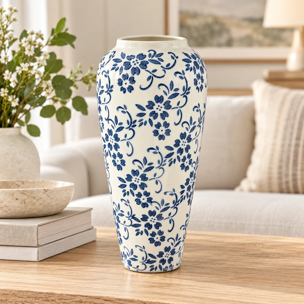 Tall blue floral ceramic decor vase styled on oak console, full product