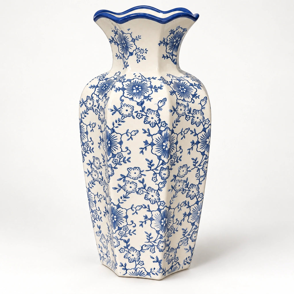 Blue floral scalloped rim ceramic vase 17 by 32 cm, full angled view