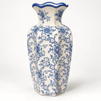 Blue floral scalloped rim ceramic vase 17 by 32 cm, full angled view