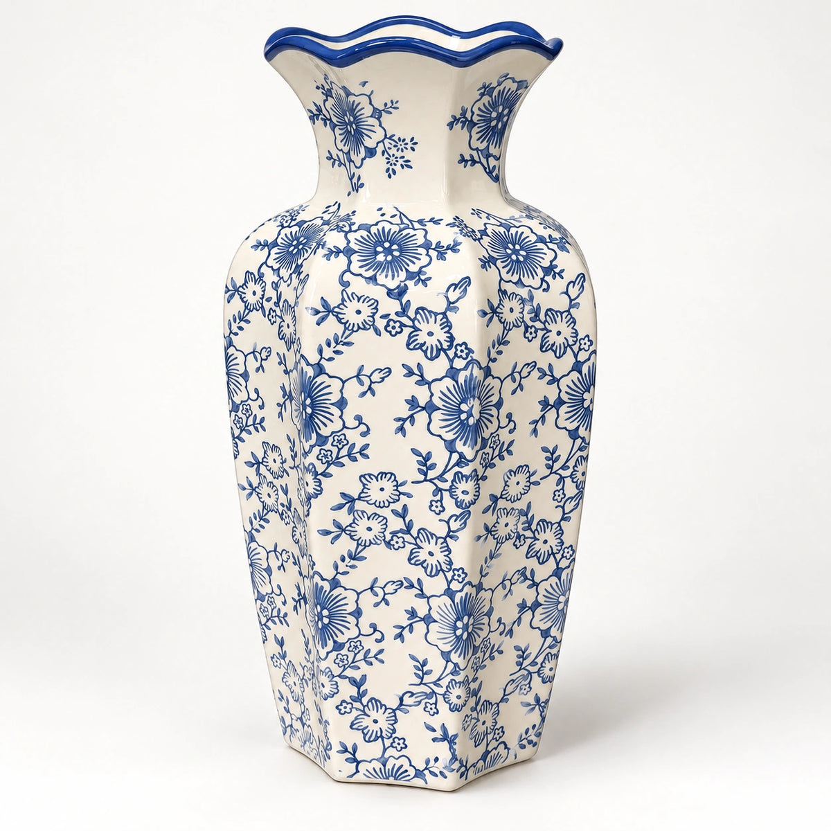 Blue floral scalloped rim ceramic vase 17 by 32 cm, full angled view
