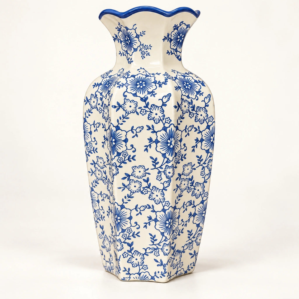 Blue floral scalloped rim ceramic vase 17 by 32 cm, full front view