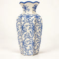 Blue floral scalloped rim ceramic vase 17 by 32 cm, full front view