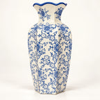 Blue floral scalloped rim ceramic vase 17 by 32 cm, full front view