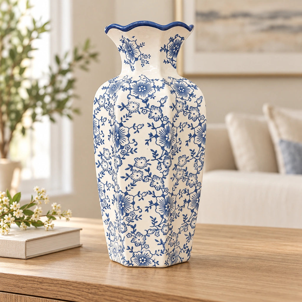Blue floral scalloped rim ceramic vase styled on oak console, entire product visible