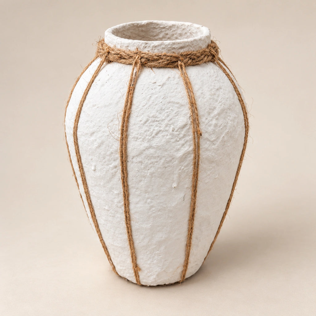 White papier-mache rope detail vase, 26 cm, full angled studio view