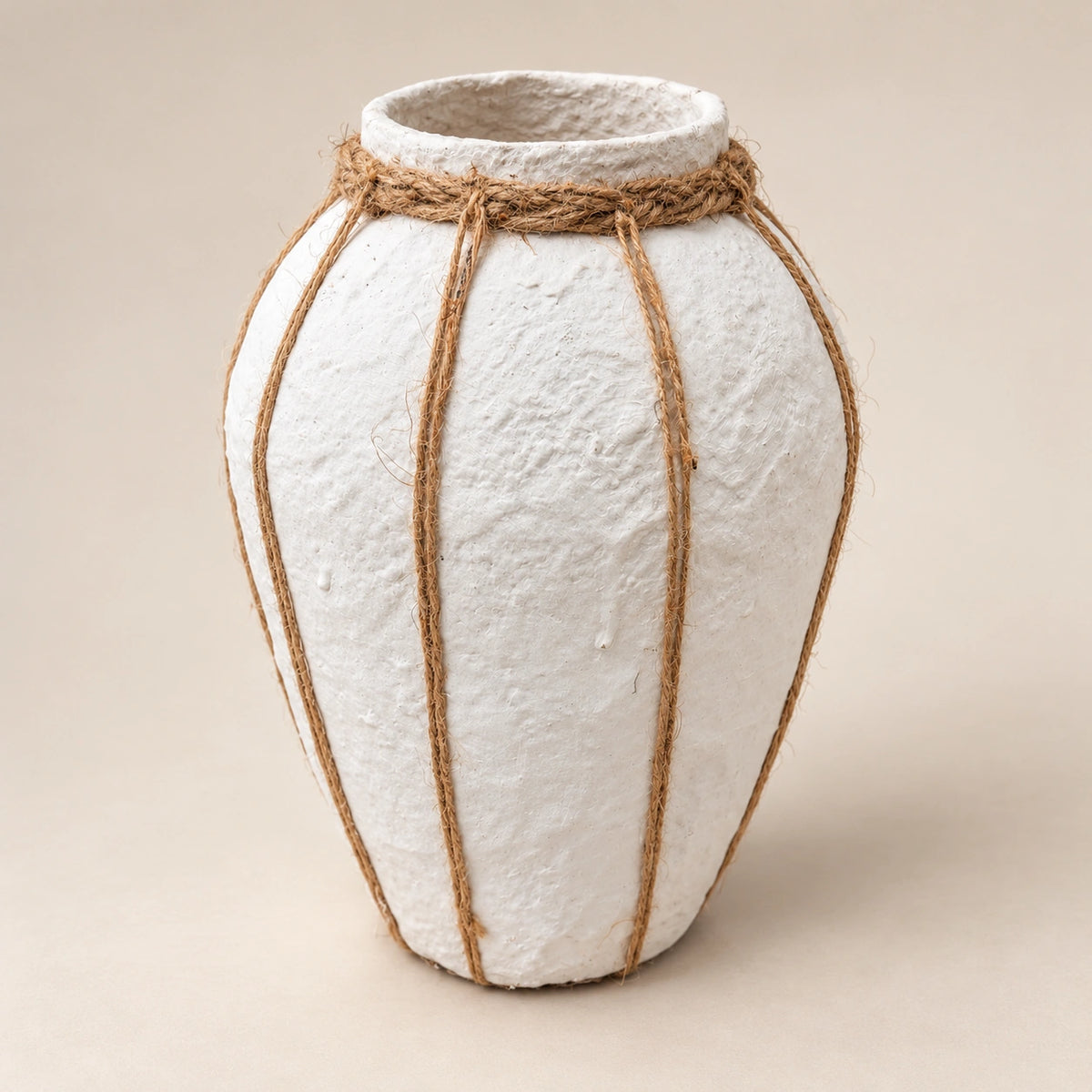 White papier-mache rope detail vase, 26 cm, full angled studio view