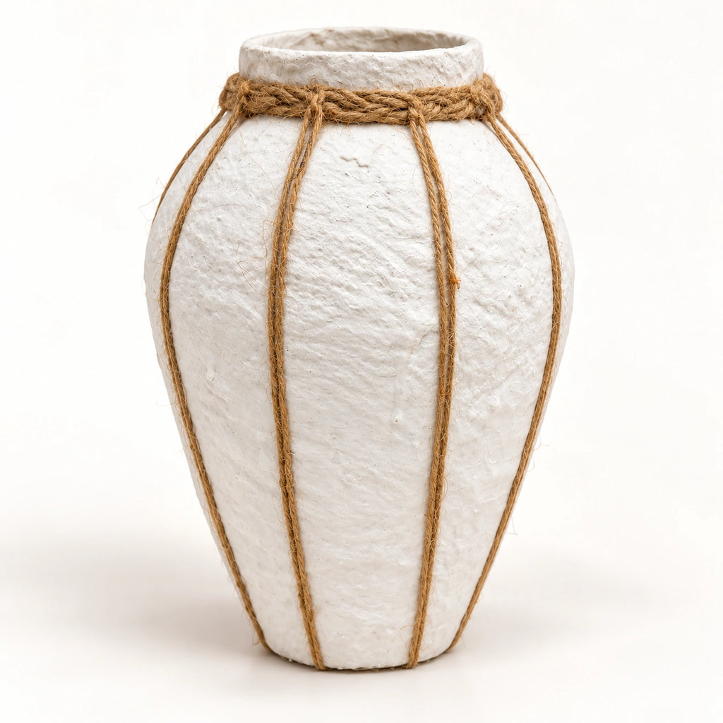 White papier-mache rope detail vase, 26 cm, full hero view