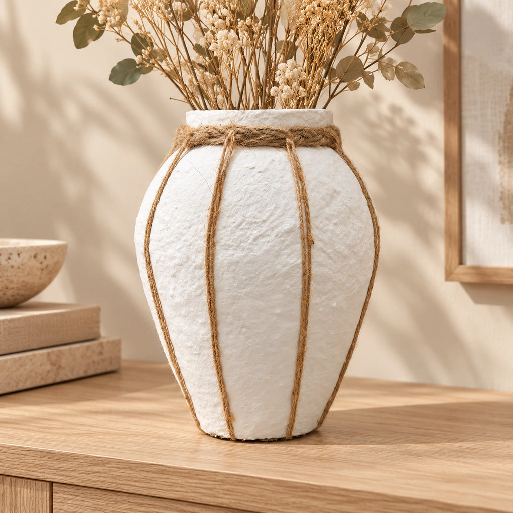 White papier-mache rope detail vase, 26 cm, full lifestyle view