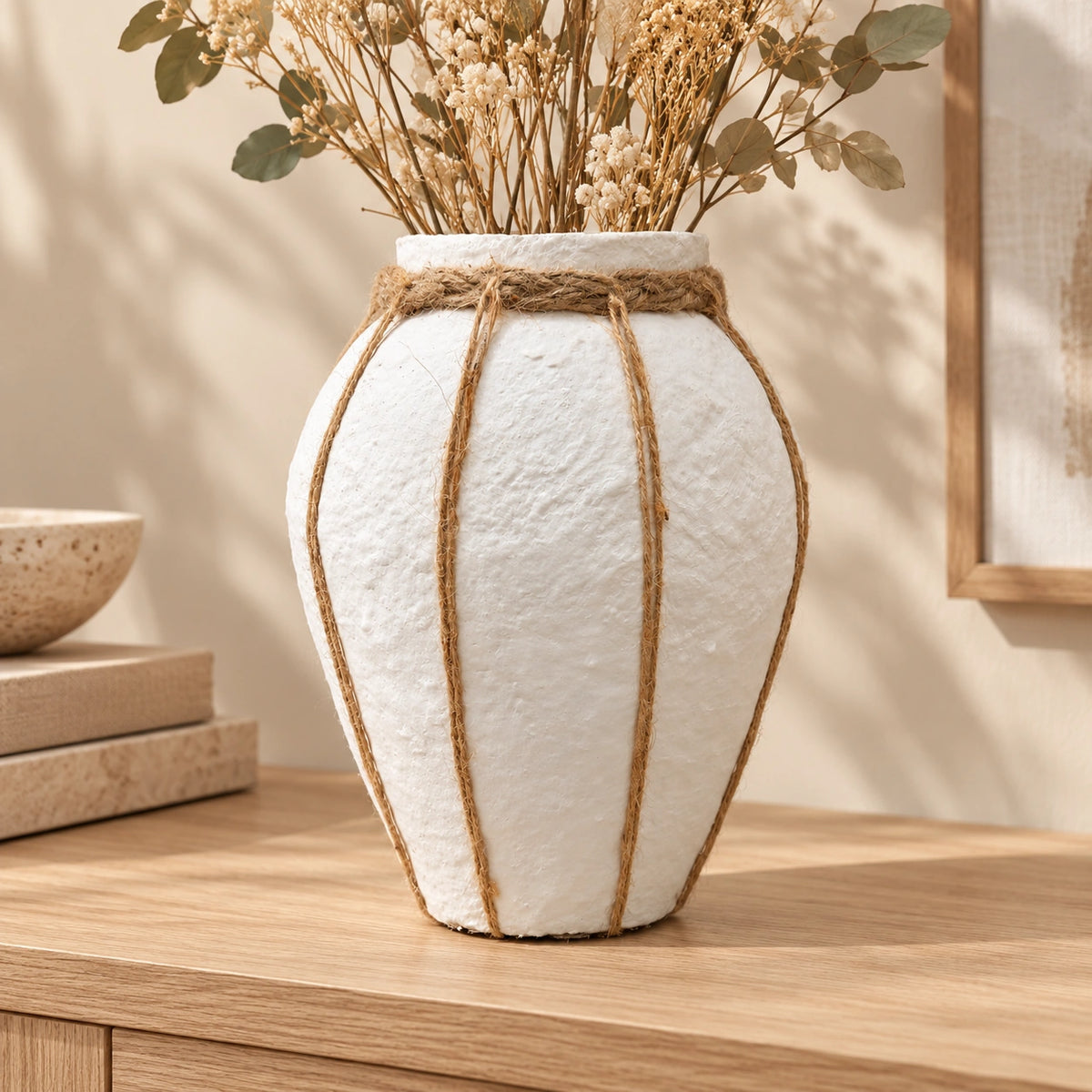 White papier-mache rope detail vase, 26 cm, full lifestyle view