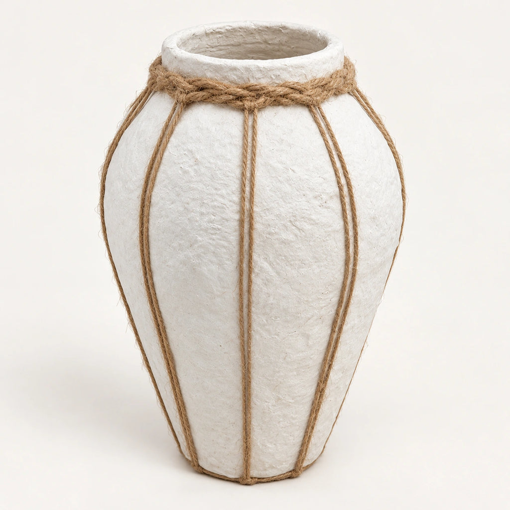White papier-mache decor vase with rope detailing, full angled view