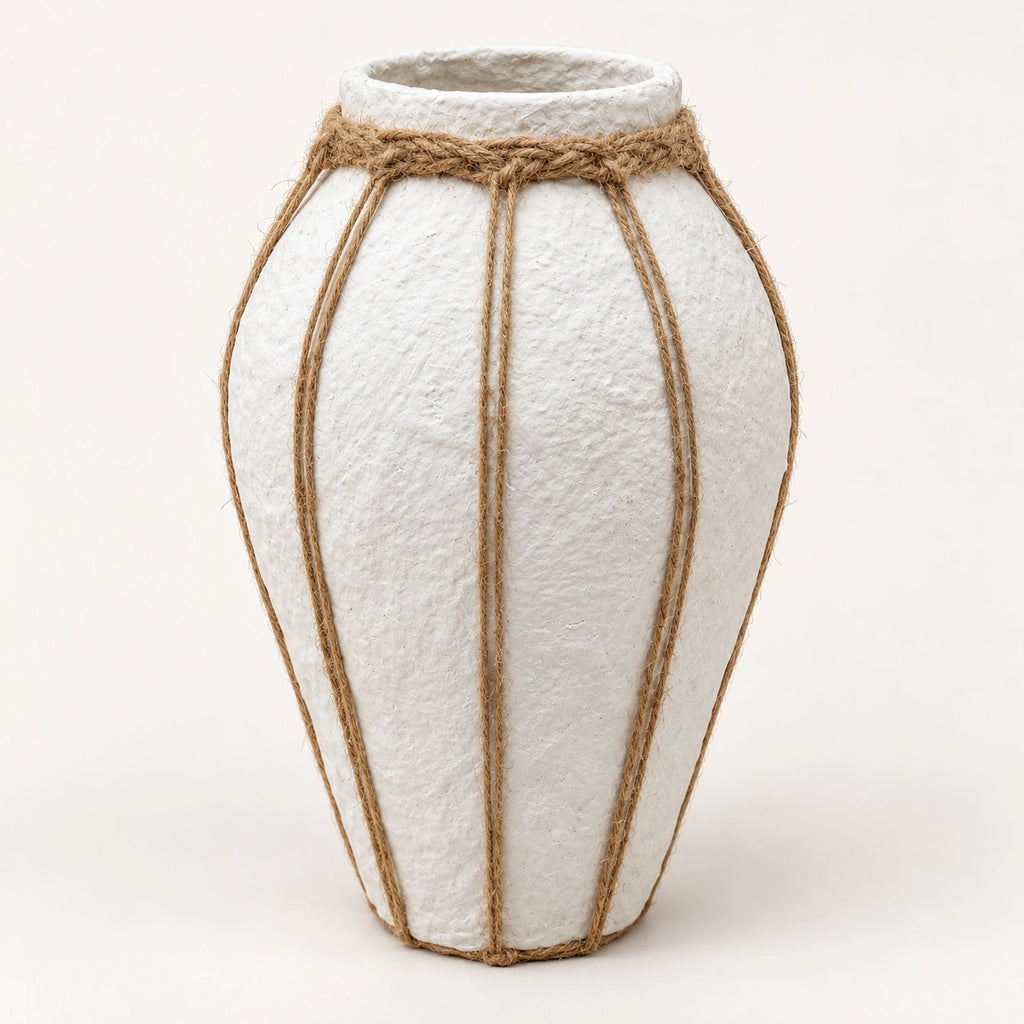 White papier-mache decor vase with rope detailing, 33 cm full front view
